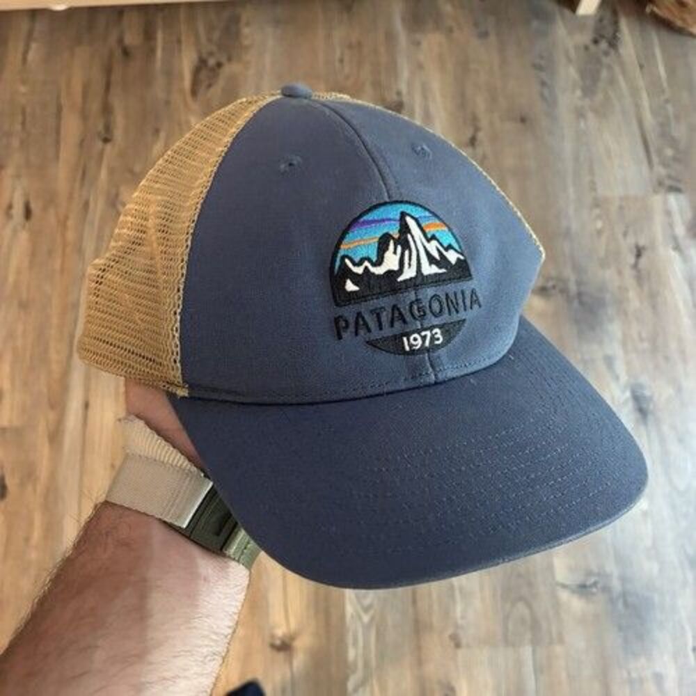 Patagonia Blue/Beige 1973 Logo Patch Mesh Back Adjustable Trucker Hat One Size
